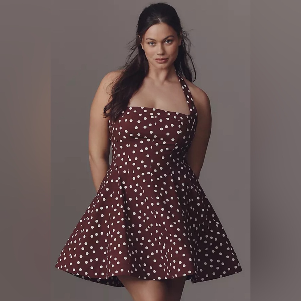 Anthropologie Maeve Halter Square-Neck Skater Mini Dress Maroon Brown Motif XL